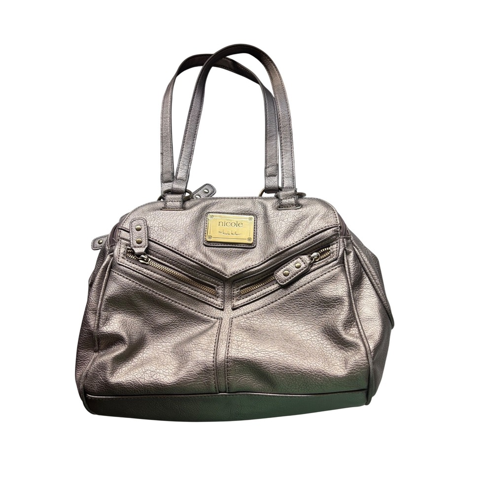 Nicole‎ Miller Pewter Metallic Faux Leather Shoulder Bag Satchel Multi-Pocket
